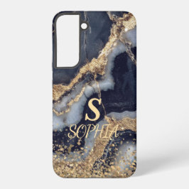 white marble chic gold glitter monogram samsung galaxy hoesje