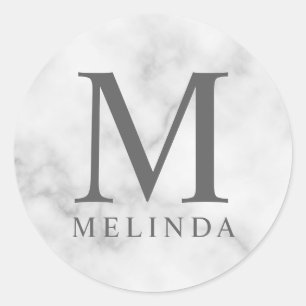 White Marble Elegant Monogram Ronde Sticker