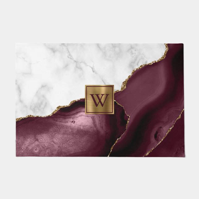 White Marble Gilded Burgundy Agate Monogram Deurmat (Voorkant)