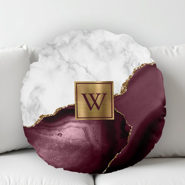 White Marble Gilded Burgundy Agate Monogram Rond Kussen (Creator heeft geüpload)