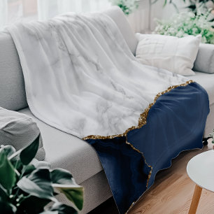 White Marble Gilded Navy Blue Agate Fleece Deken