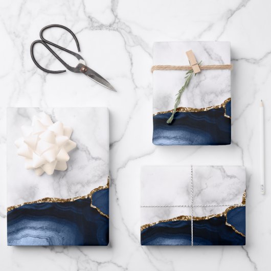 White Marble Gilded Navy Blue Agate Inpakpapier Vel (Voorkant)