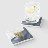 White Marble Gilded Navy Blue Agate Monogram Stenen Onderzetter (Zijkant)