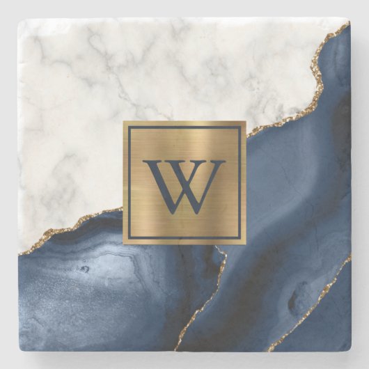 White Marble Gilded Navy Blue Agate Monogram Stenen Onderzetter (Voorkant)