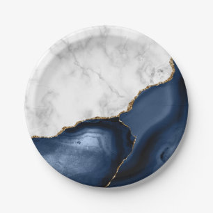 White Marble Gilded Navy Blue Agate Papieren Bordje