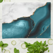 White Marble Gilded Teal Blue Agate Theedoek (Gevouwen)