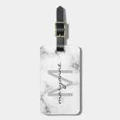 White Marble Grey Black Script Monogrammed Initiaa Bagagelabel (Voorkant verticaal)