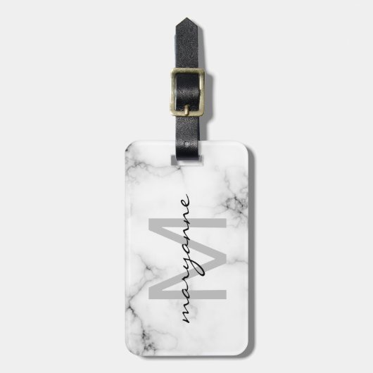 White Marble Grey Black Script Monogrammed Initiaa Bagagelabel (Voorkant verticaal)