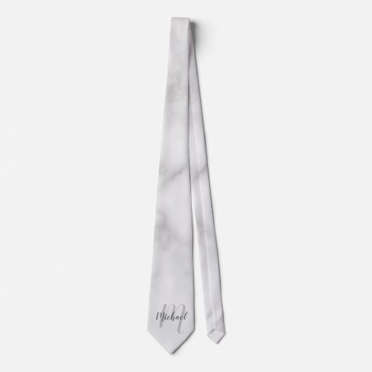 White Marble Modern Script Monogram en naam Stropdas (Voorkant)