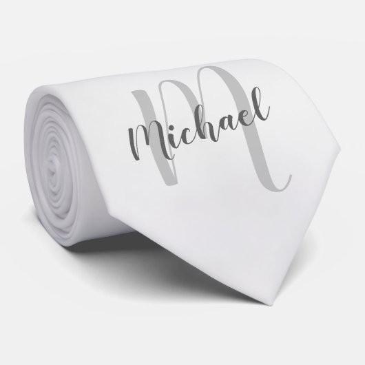 White Marble Modern Script Monogram en naam Stropdas (Opgerold)