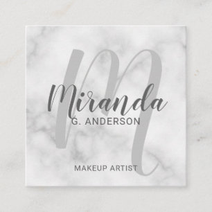 White Marble Modern Script Monogram en naam Vierkante Visitekaartje