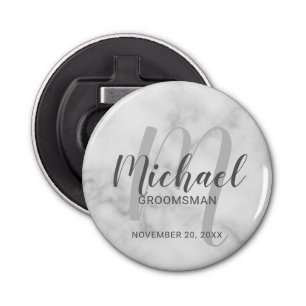 White Marble Modern Script Personalized Groomsmen Button Flesopener