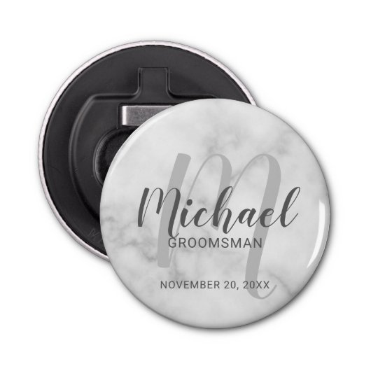 White Marble Modern Script Personalized Groomsmen Button Flesopener (Voorkant)