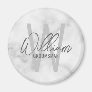 White Marble Modern Script Personalized Groomsmen Magneet