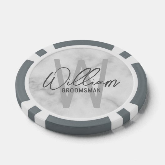 White Marble Modern Script Personalized Groomsmen Poker Chips (Enkel)