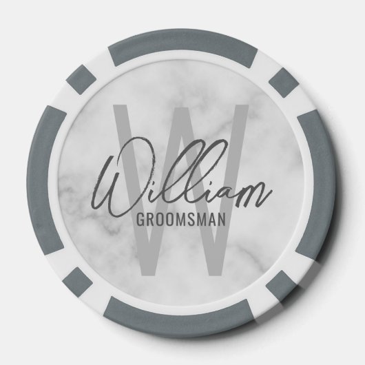 White Marble Modern Script Personalized Groomsmen Poker Chips (Achterkant)