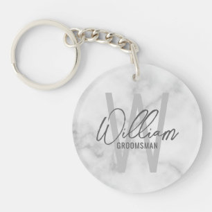 White Marble Modern Script Personalized Groomsmen Sleutelhanger