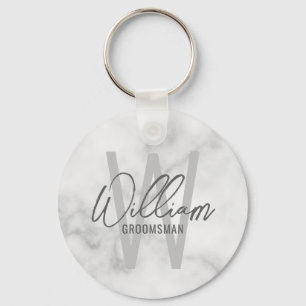White Marble Modern Script Personalized Groomsmen Sleutelhanger