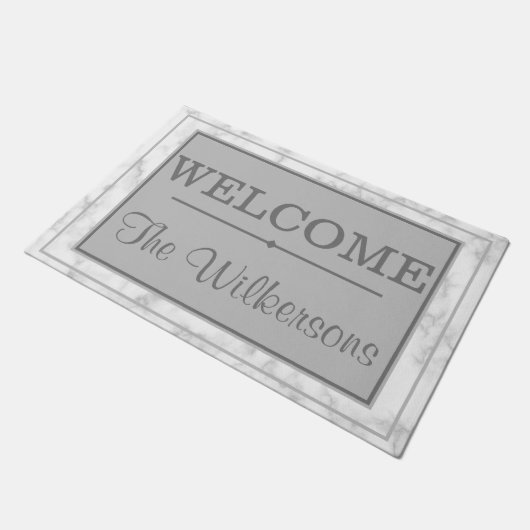 White Marble Mr en Mrs Welcome Family Name Deurmat (Schuin)