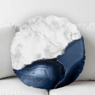White marble Navy Blue Agate Silver Glitter Rond Kussen
