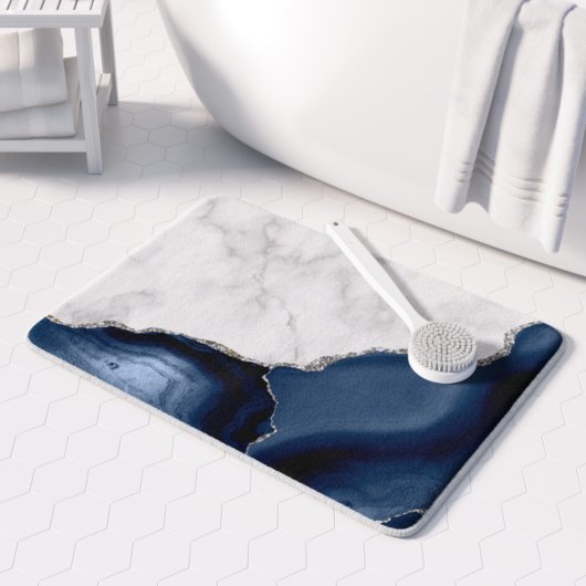 White marble Navy Blue Agate Silver Glitter Small Badmat