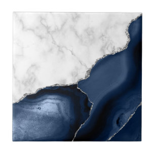 White marble Navy Blue Agate Silver Glitter Tegeltje