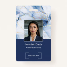White Marble Navy Blue Gold Custom Name Badge