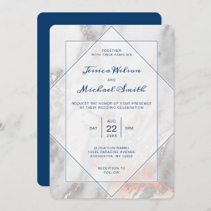 White marble Navy Blue Roos Gold Elegant Wedding Kaart