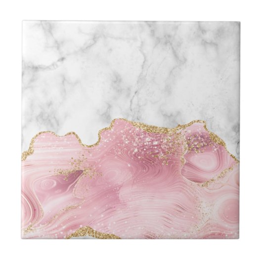 White marble Pastel Roze Agate Gold Glitter Tegeltje (Voorkant)