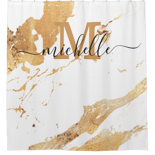 White marble Pattern Monogram Elegant Script Name Douchegordijn (Voorkant)