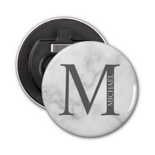 White Marble Persoonlijke Monogram en Naam Button Flesopener