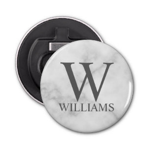 White Marble Persoonlijke Monogram en Naam Button Flesopener