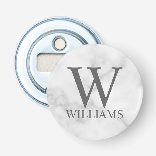 White Marble Persoonlijke Monogram en Naam Button Flesopener (Voorkant)