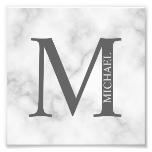 White Marble Persoonlijke Monogram en Naam Foto Afdruk