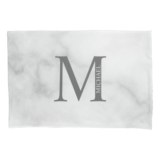 White Marble Persoonlijke Monogram en Naam Kussensloop (Voorkant)