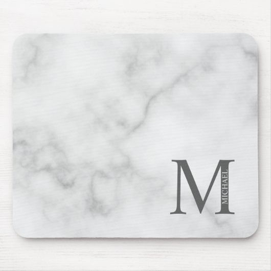 White Marble Persoonlijke Monogram en Naam Muismat (Voorkant)