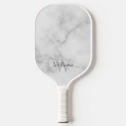 White Marble Persoonlijke Monogram en Naam Pickleball Paddle (Voorkant)