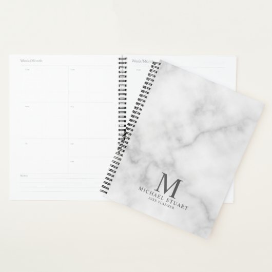 White Marble Persoonlijke Monogram en Naam Planner (Display)