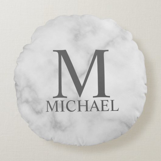 White Marble Persoonlijke Monogram en Naam Rond Kussen (Voorkant)