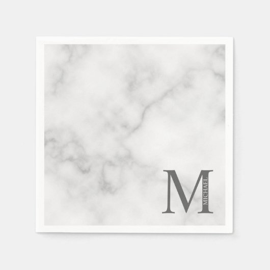 White Marble Persoonlijke Monogram en Naam Servet (Voorkant)