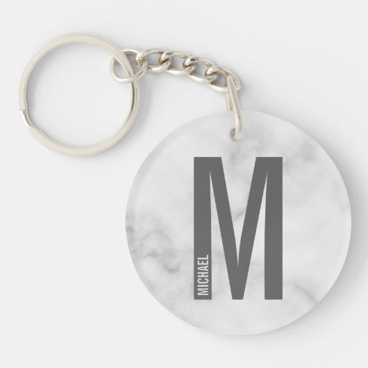White Marble Persoonlijke Monogram en Naam Sleutelhanger (Voorkant)