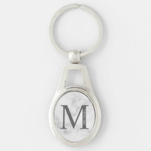 White Marble Persoonlijke Monogram en Naam Sleutelhanger