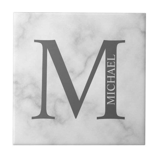 White Marble Persoonlijke Monogram en Naam Tegeltje (Voorkant)