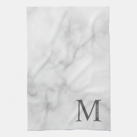 White Marble Persoonlijke Monogram en Naam Theedoek (Verticaal)