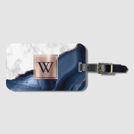 White marble Roos Gold Navy Blue Agate Monogram Bagagelabel (Voorkant (horizontaal))