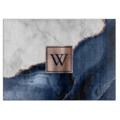 White marble Roos Gold Navy Blue Agate Monogram Snijplank (Voorkant)