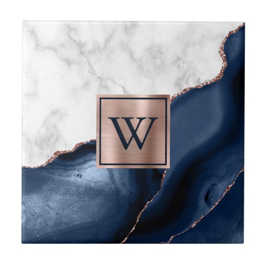 White marble Roos Gold Navy Blue Agate Monogram Tegeltje (Voorkant)