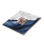 White marble Roos Gold Navy Blue Agate Monogram Tegeltje (Zijkant)