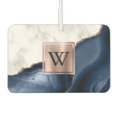 White Marble Rose Gold Navy Blue Agate Monogram Luchtverfrisser (Voorkant)