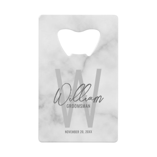 White Marble Script Specialized Groomsman's Name Kredietkaart Flessenopener (Voorkant)